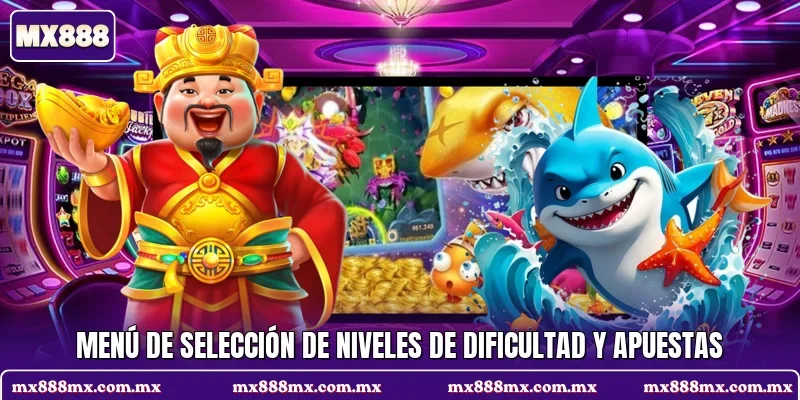Menú de selección de niveles de dificultad y apuestas
